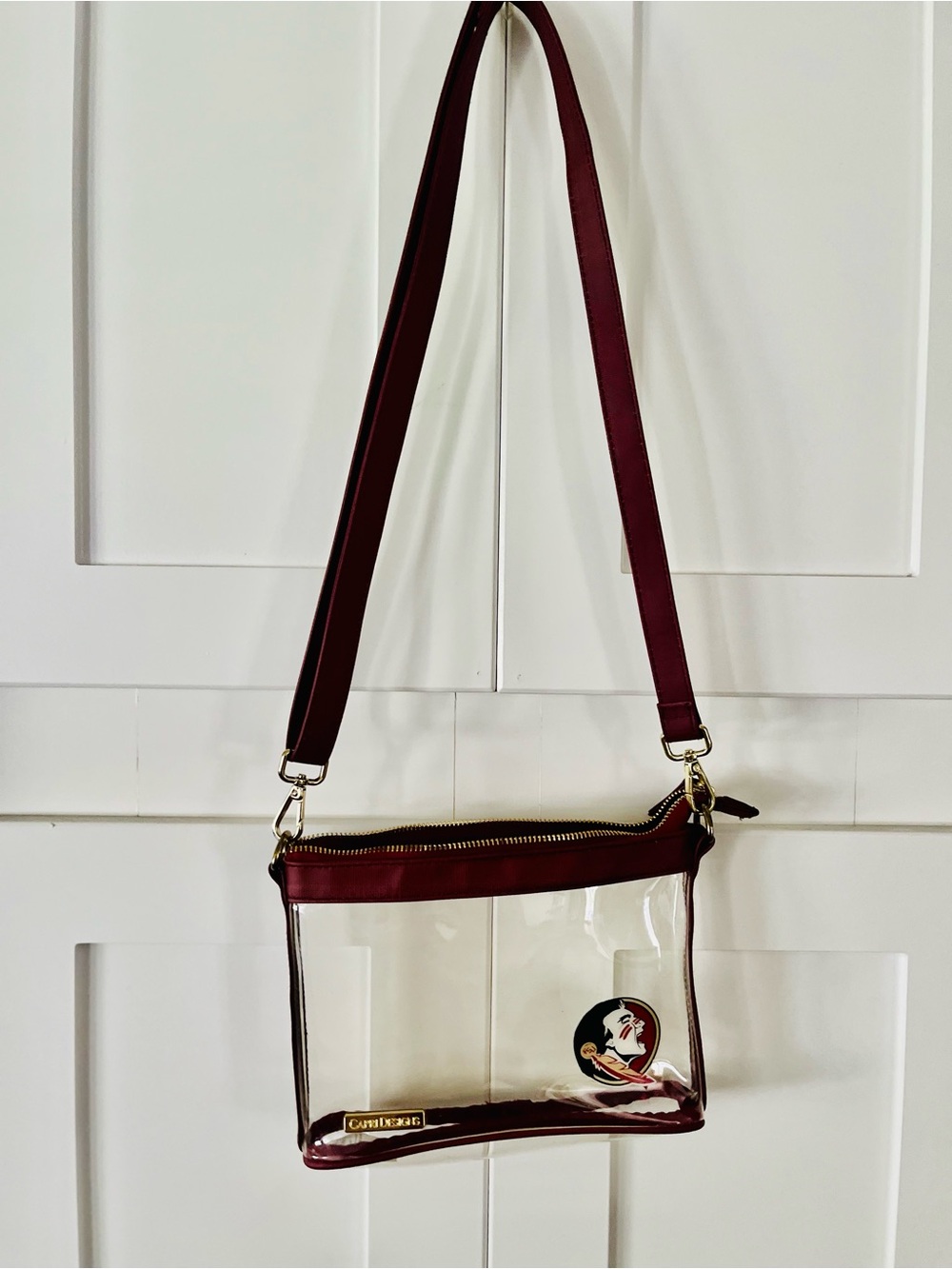 Clear Burgundy Crossbody Bag with Gold Accent - Picture 1 of 8